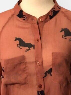 Forever 21 Sheer Horse Print Button Up Blouse Small